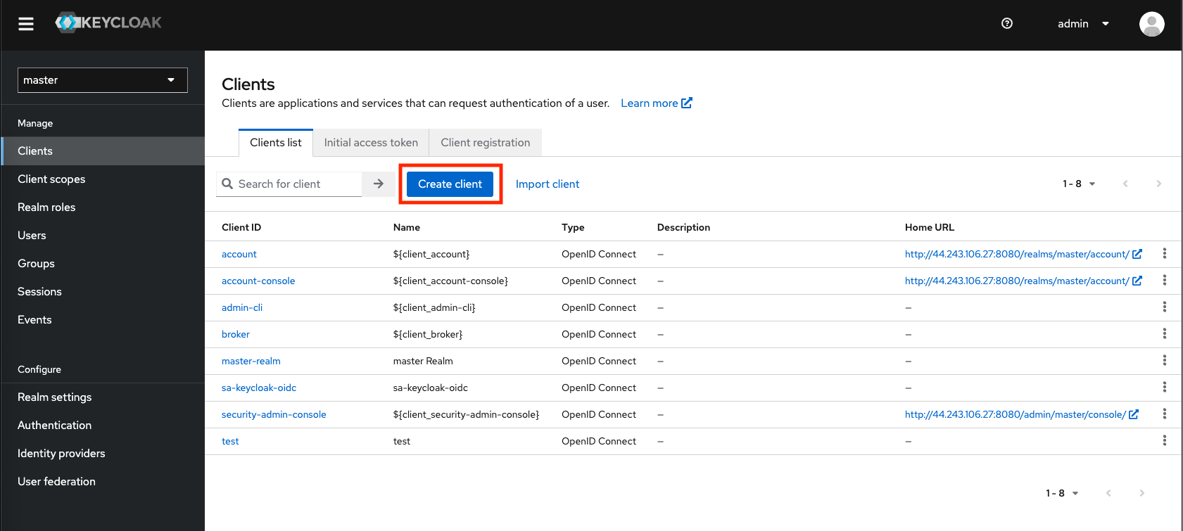 Screenshot of Keycloak's Admin menu, with the 'Create Client' option highlighted in a red box.